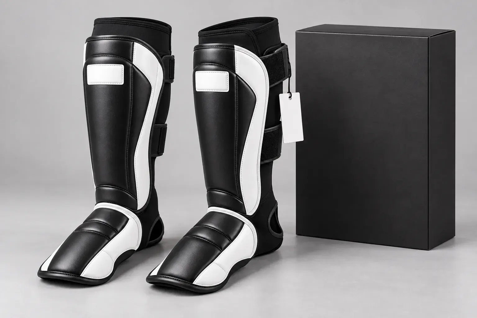 A pair of black and white shin-and-instep guards with blank logo panels on the upper shin and a blank swing tag, beside a plain black retail box.