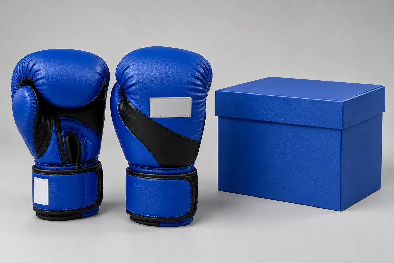 A pair of royal blue and black kids' boxing gloves with a blank logo panel and a blank cuff label, beside a compact royal blue retail box.