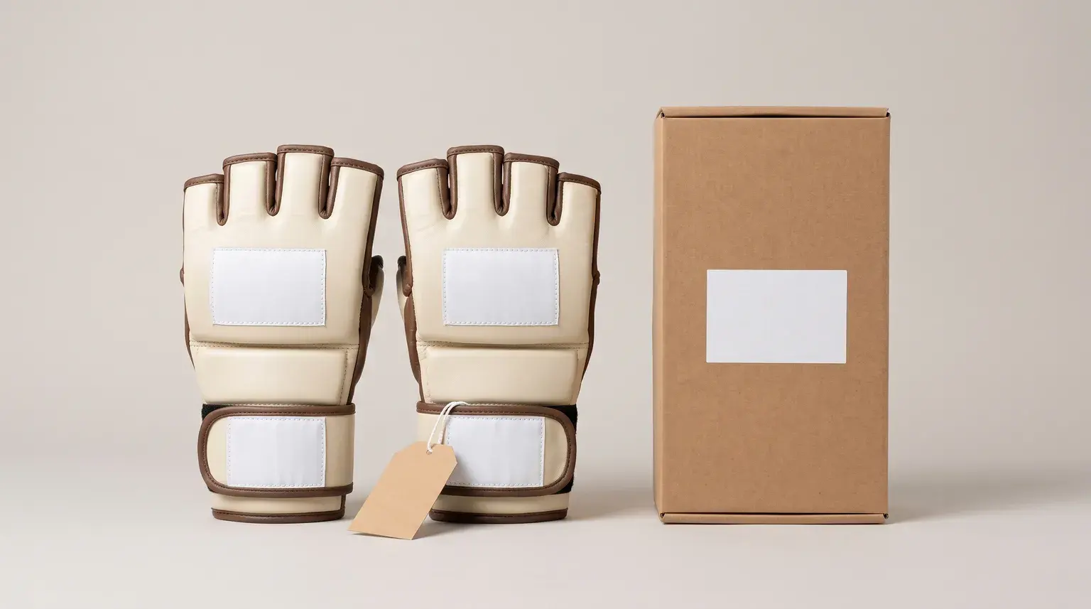 A pair of cream and brown MMA bag gloves with blank logo panels on the back of the hand, blank wrist strap labels and a blank kraft hang tag, beside a plain kraft retail box.