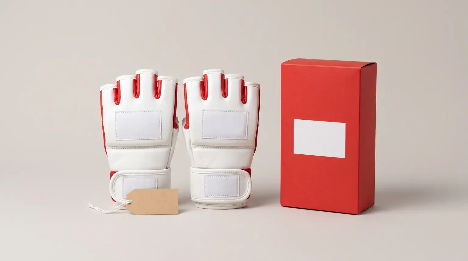 A pair of small white and red kids' MMA gloves with blank logo panels on the back of the hand, blank wrist strap labels and a blank kraft hang tag, beside a plain red retail box.