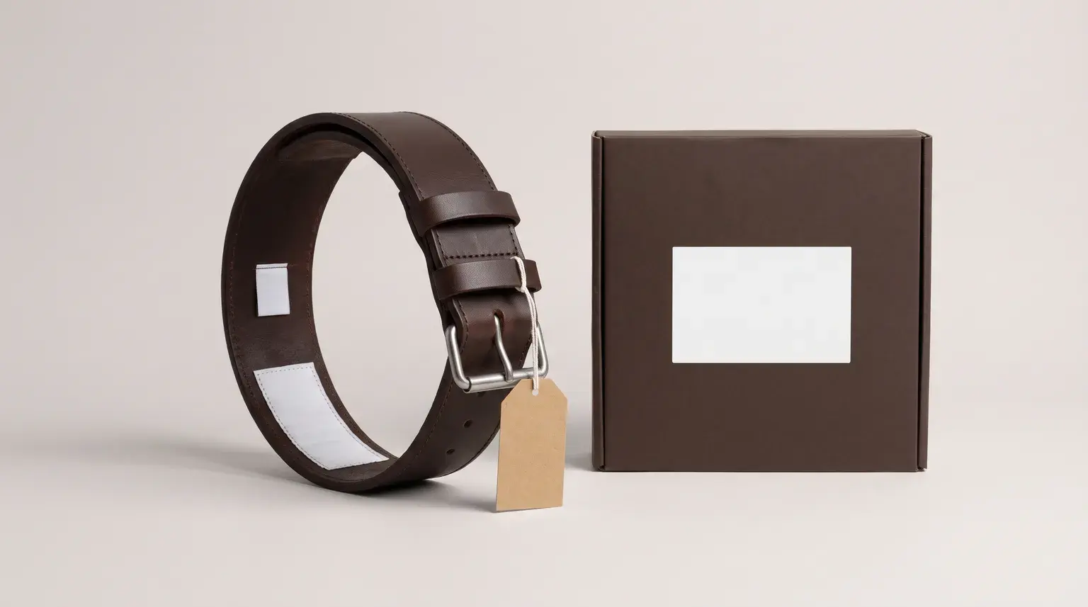 An espresso brown double-prong leather lifting belt standing in a loop with a blank logo patch, a blank inside label and a blank kraft hang tag, beside a plain dark brown retail box.