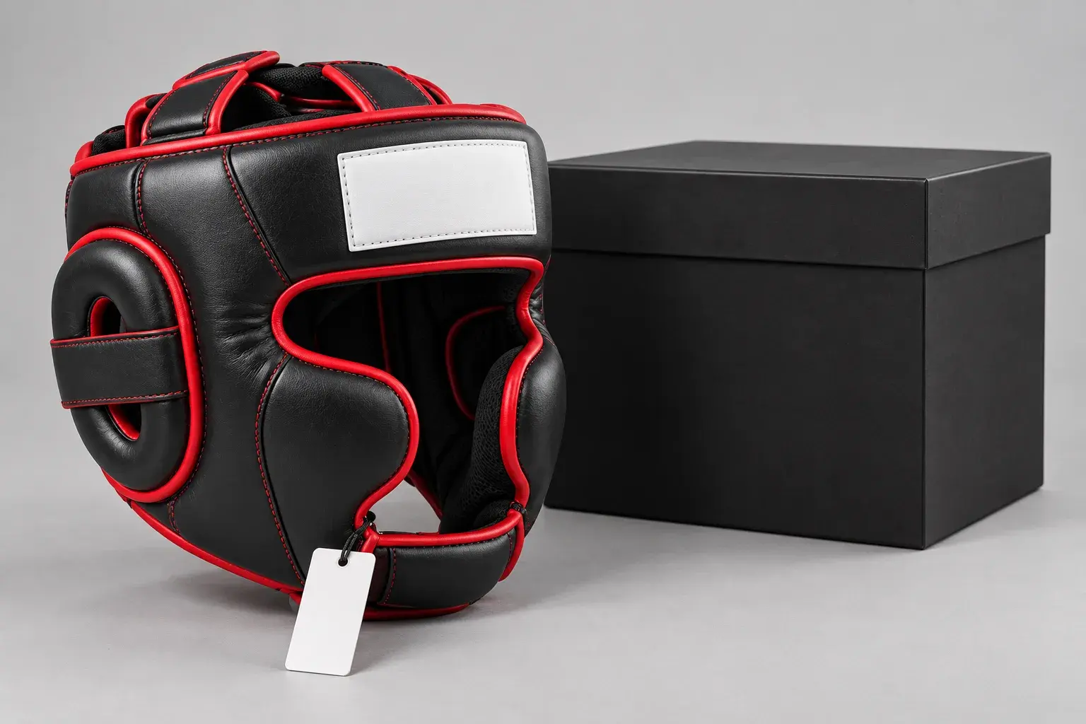 A black and red cheek-protector head guard with a blank logo panel on the brow and a blank swing tag, beside a plain black retail box.