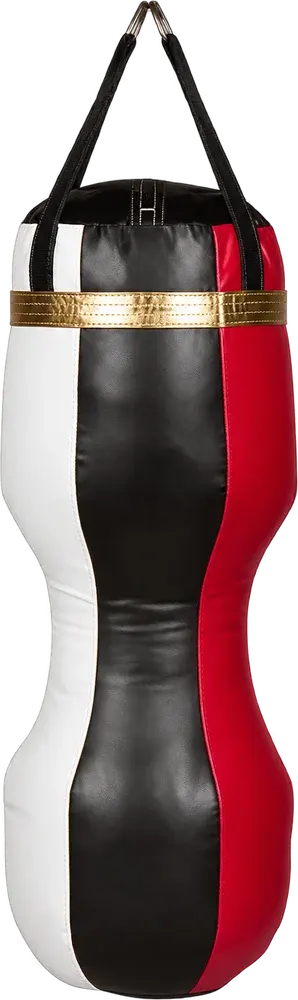 A tall shaped punch bag in vertical white, black and red panels with a gold band near the top and black webbing hanging straps.