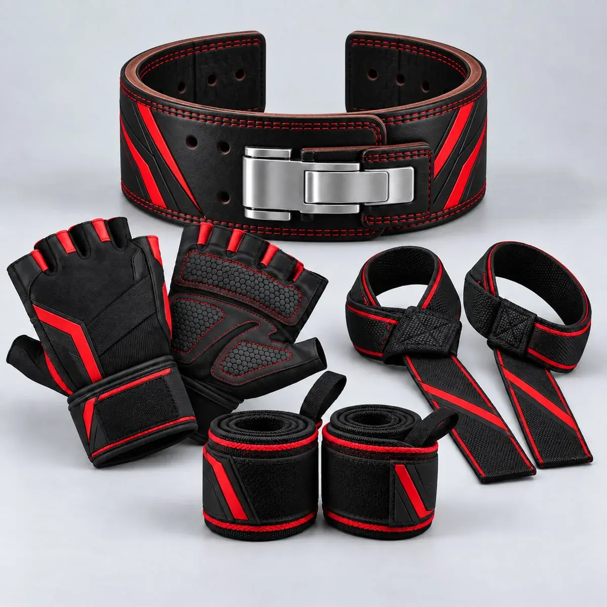 A black lifting belt with red stitching, lifting gloves, straps and wrist wraps.