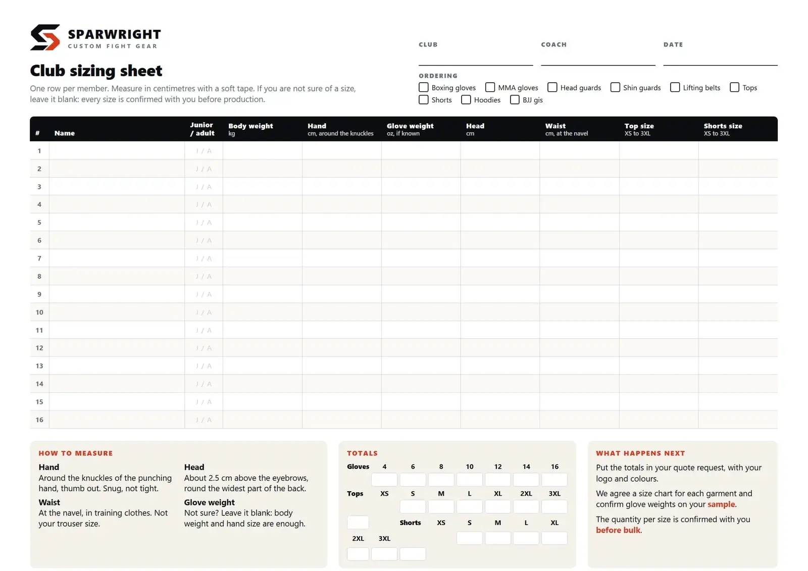 The Sparwright club sizing sheet, an A4 table with a row per member and a totals box.