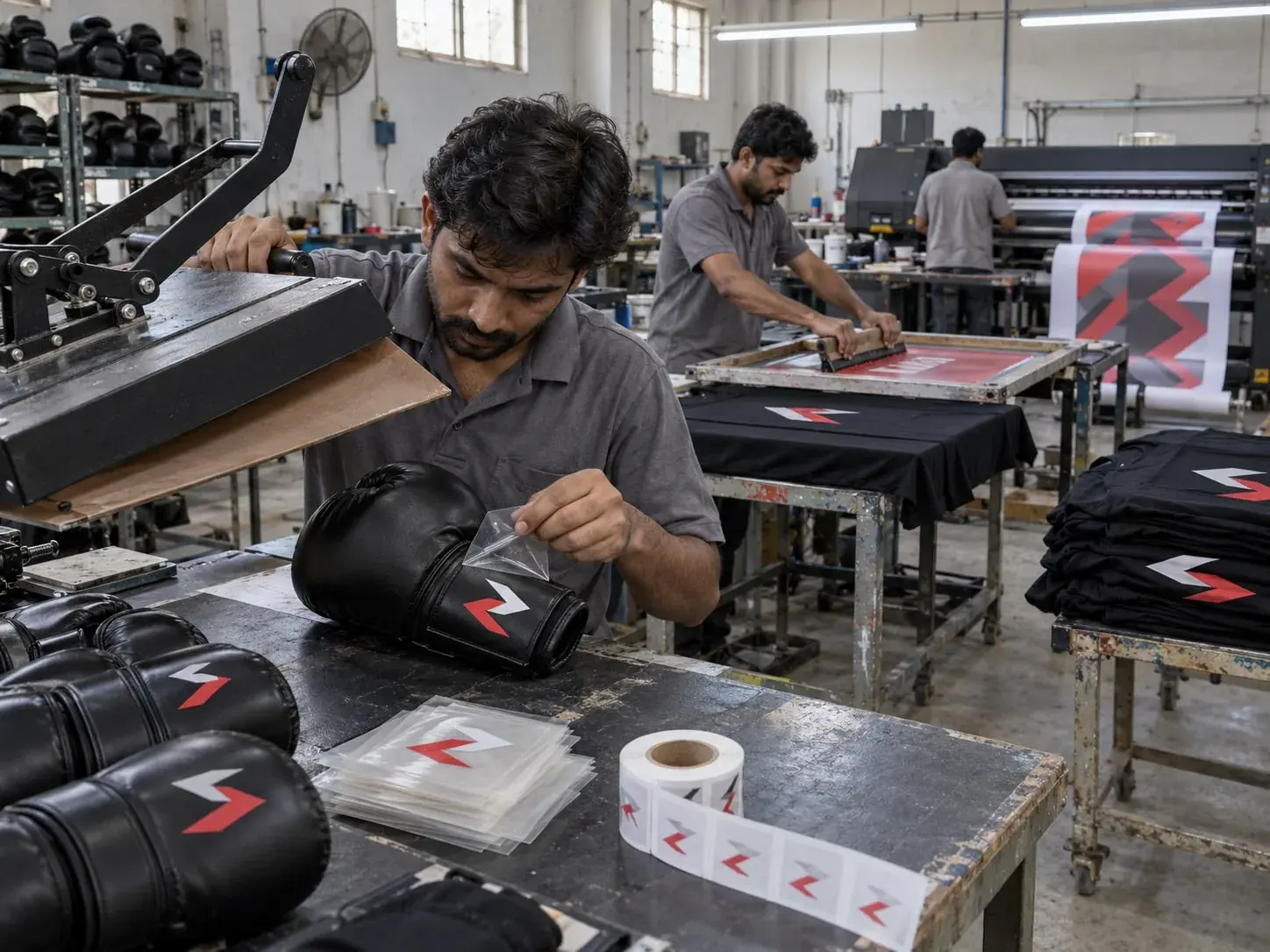 An operator peeling the carrier film off the Sparwright logo heat-pressed onto a black boxing glove, printed logo transfers and a roll of printed labels on the bench, a screen printer pulling the logo onto T-shirts behind and a sublimation printer feeding out a red and grey print at the back.