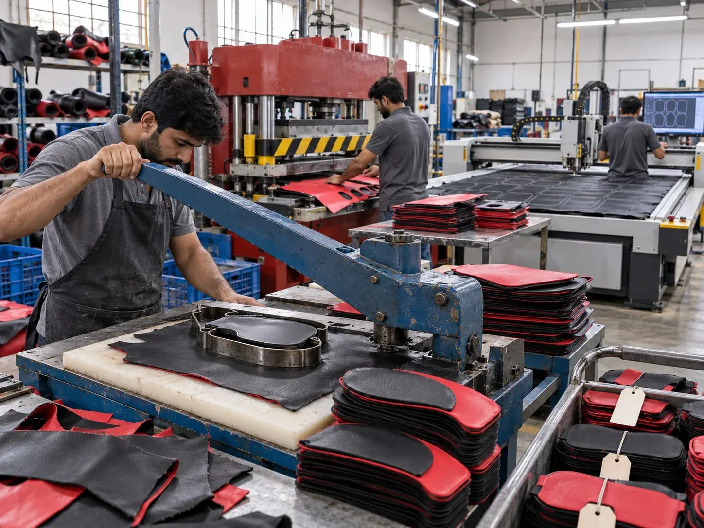 An operator lowering the arm of a hydraulic swing-arm press over a steel glove-panel die on black leather, stacks of die-cut red and black panels beside it, a beam press cutting red leather behind and a CNC cutting table working through nested panels at the back.