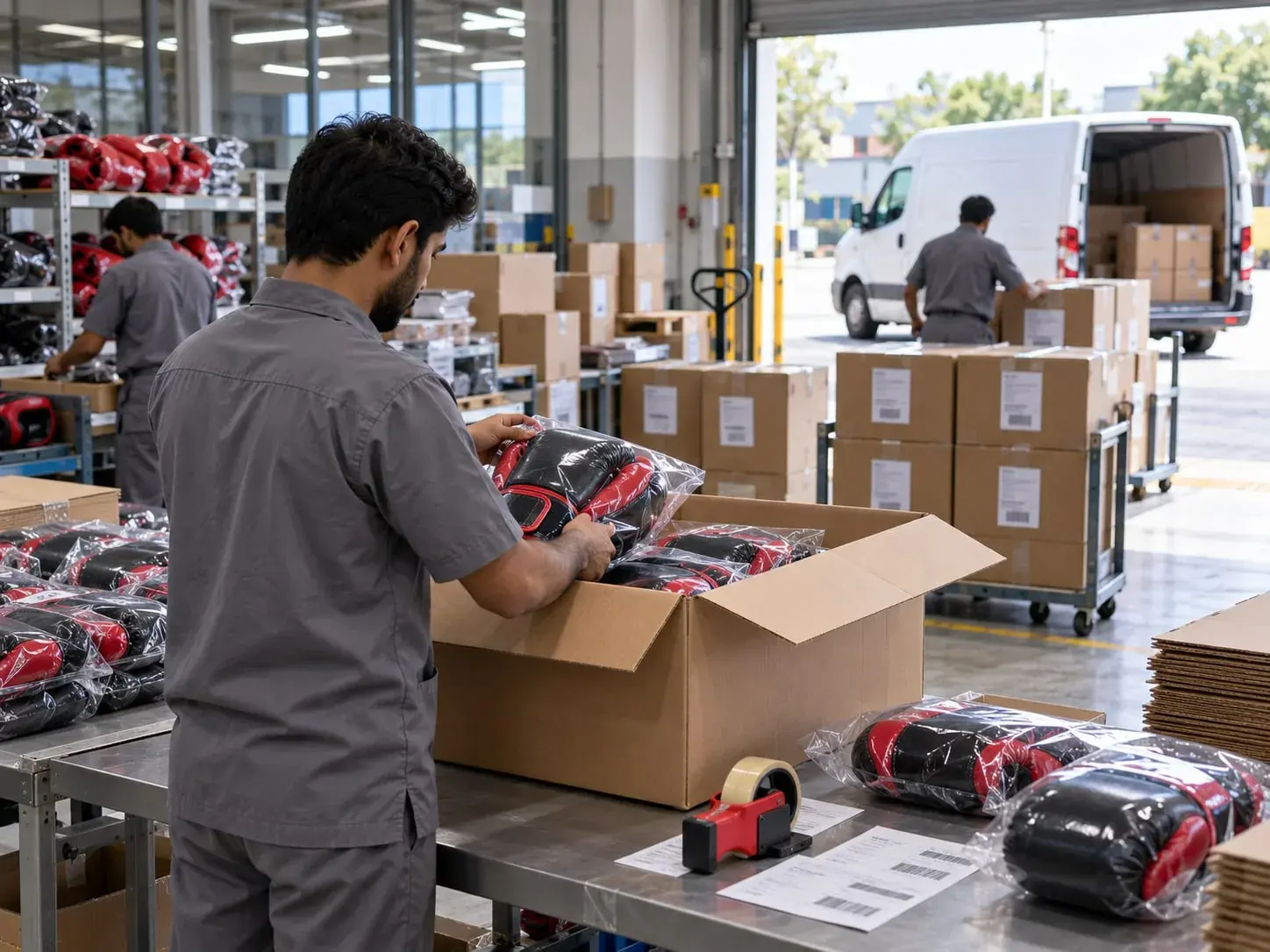 A packer placing polybagged black and red boxing gloves into an export carton beside shipping labels, while labelled cartons are loaded into a courier van at the open dispatch door.