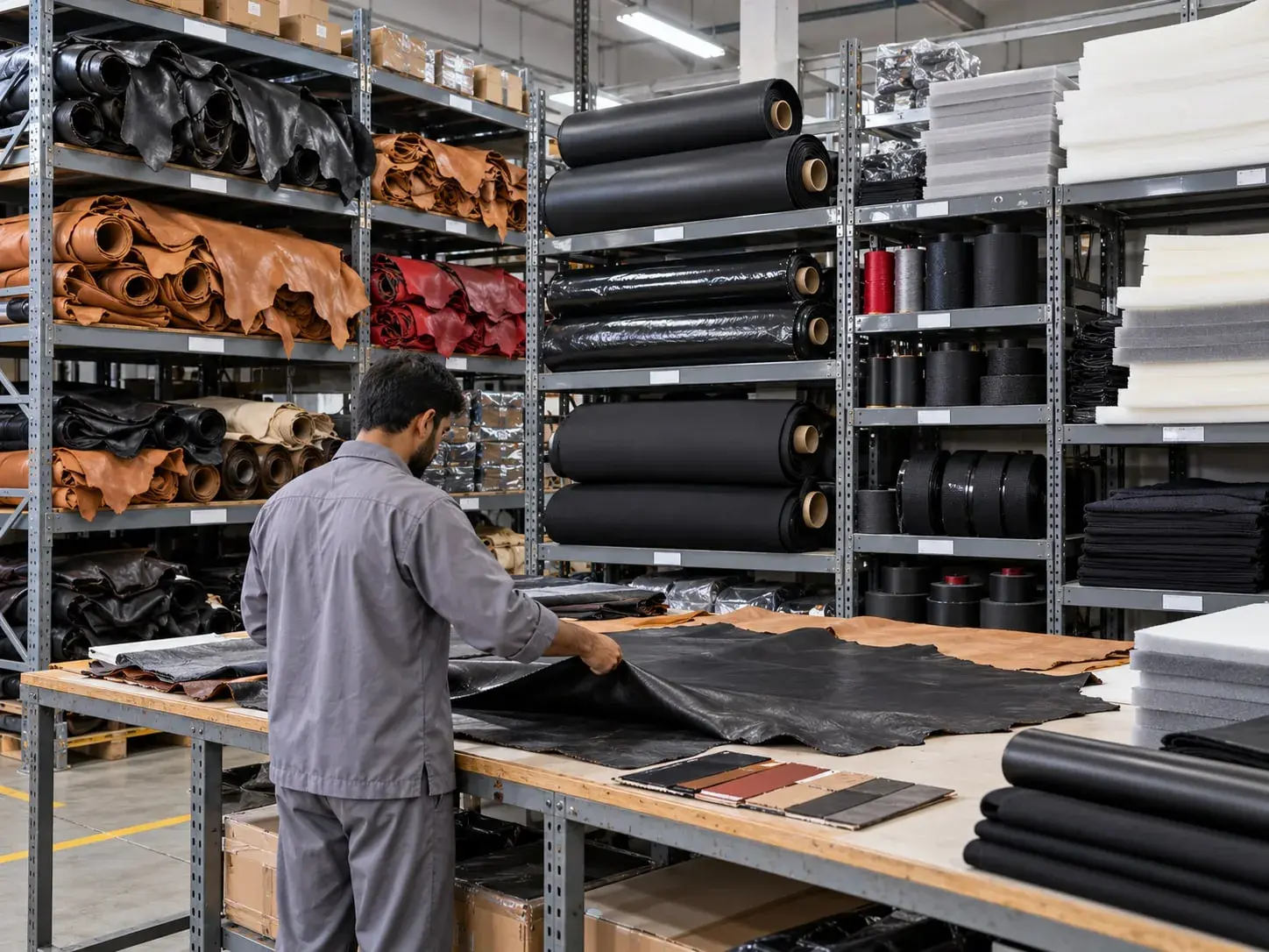 A storeman unrolling a black leather hide on a table beside a swatch card, in front of racking stacked with black, tan and red hides, rolls of PU leather and fabric, webbing spools and padding foam.