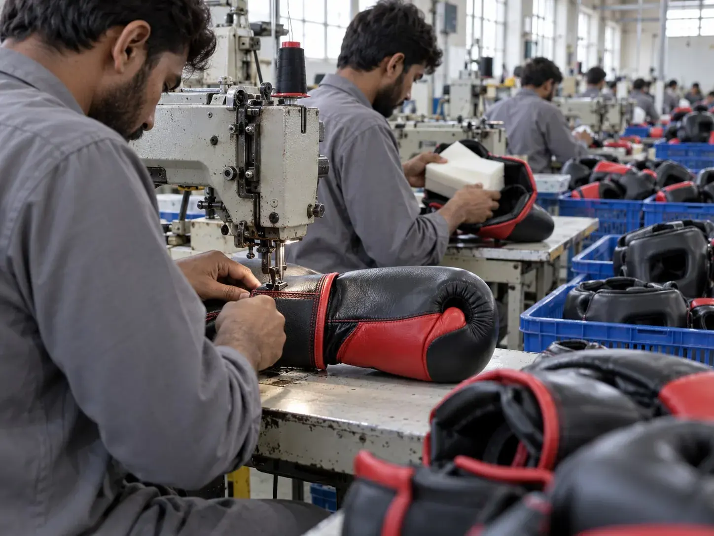 A machinist stitching the cuff of a black and red boxing glove on an industrial sewing machine while the next worker fits a padding block into a head guard, crates of head guards along the line.