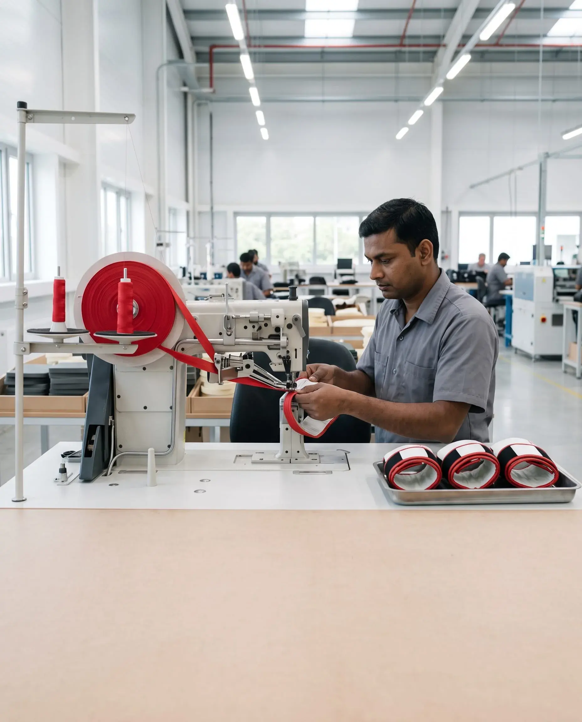 A machinist feeding the curved cuff of a boxing glove through a binding attachment, red edge tape running off a roll into the guide.
