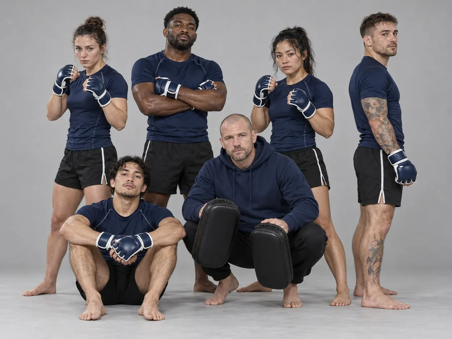An MMA fight camp on a light grey studio backdrop in navy rash guards, black fight shorts and navy and white sparring gloves, a coach crouching in front with Thai pads.