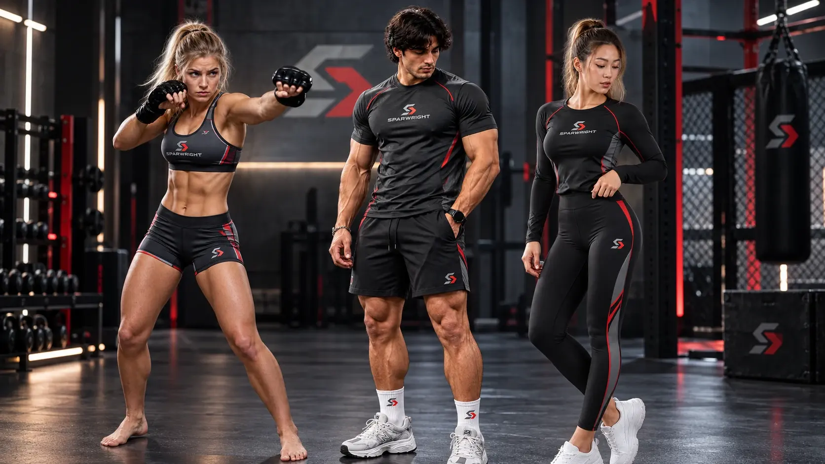 Three club members in matching black and red Sparwright training kit — a sports bra and shorts, a T-shirt and shorts, and a long-sleeve top and leggings.