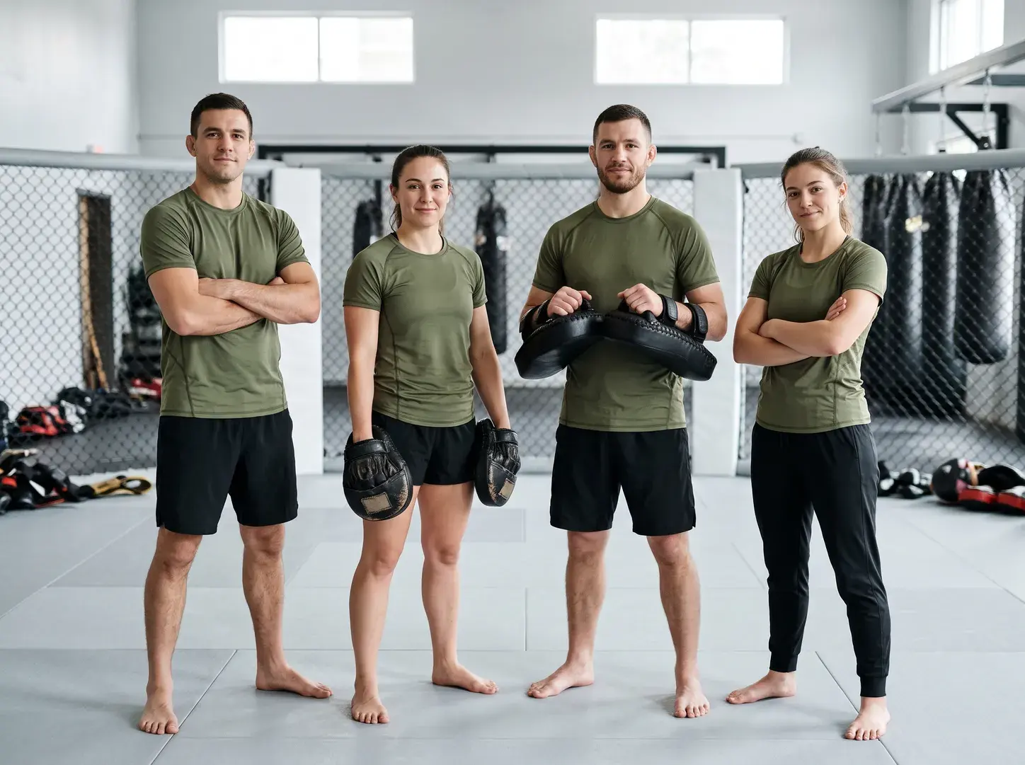 Four coaches on the mats of an MMA academy in matching olive green performance T-shirts, two holding focus mitts and Thai pads, the cage behind them.