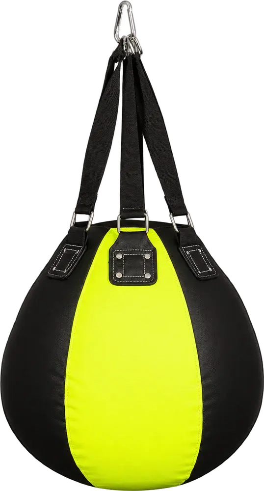 A round black teardrop punch bag with a neon yellow vertical centre panel, hung from three black webbing straps and a steel clip.