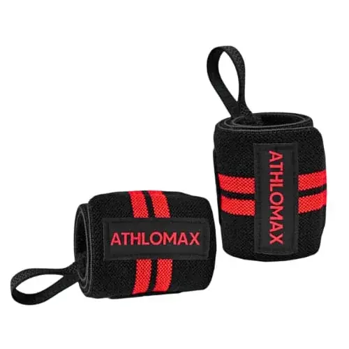A pair of black Athlomax wrist wraps with red stripes, thumb loops and an Athlomax label on each.