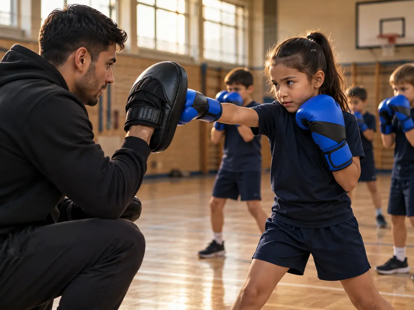 A coach kneeling with a focus mitt in a school sports hall while a girl in royal blue and black kids' boxing gloves throws a jab, other children practising their guard behind.