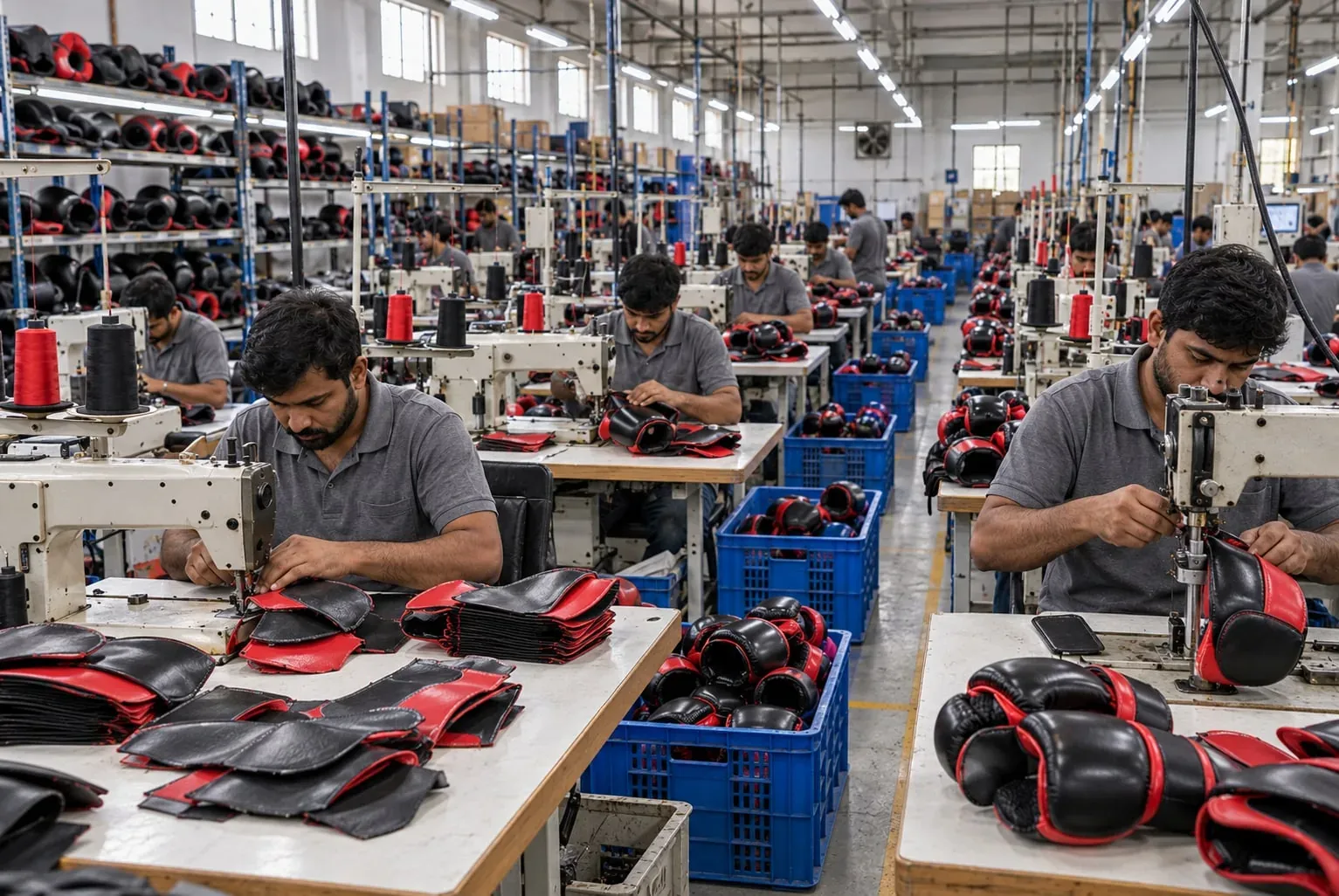 Craftsmen stitching boxing gloves at rows of machines on a Sialkot workshop floor, blue crates of finished gloves between the rows and racking of gloves along the wall.