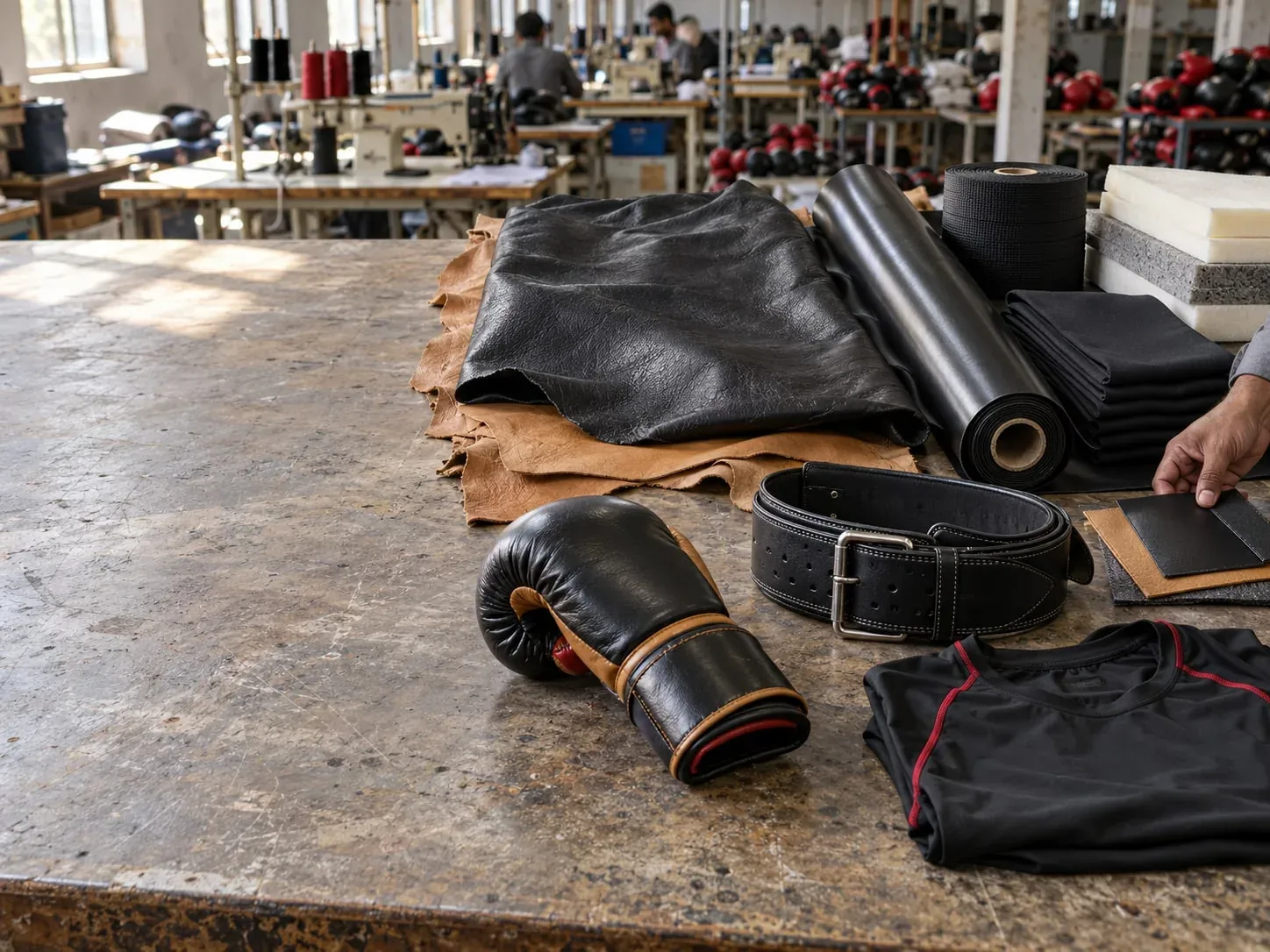 A materials bench in the Sialkot workshop: black genuine leather over a tan hide, a roll of black PU leather, nylon webbing, sports fabric and padding foam, beside a finished boxing glove, a leather lifting belt and a rashguard.