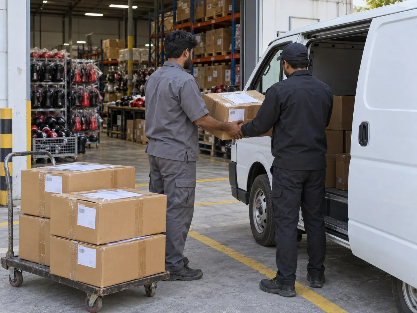 A packer handing a labelled carton to a courier driver beside an open van, more cartons with document pouches on a trolley and racks of bagged boxing gloves behind.