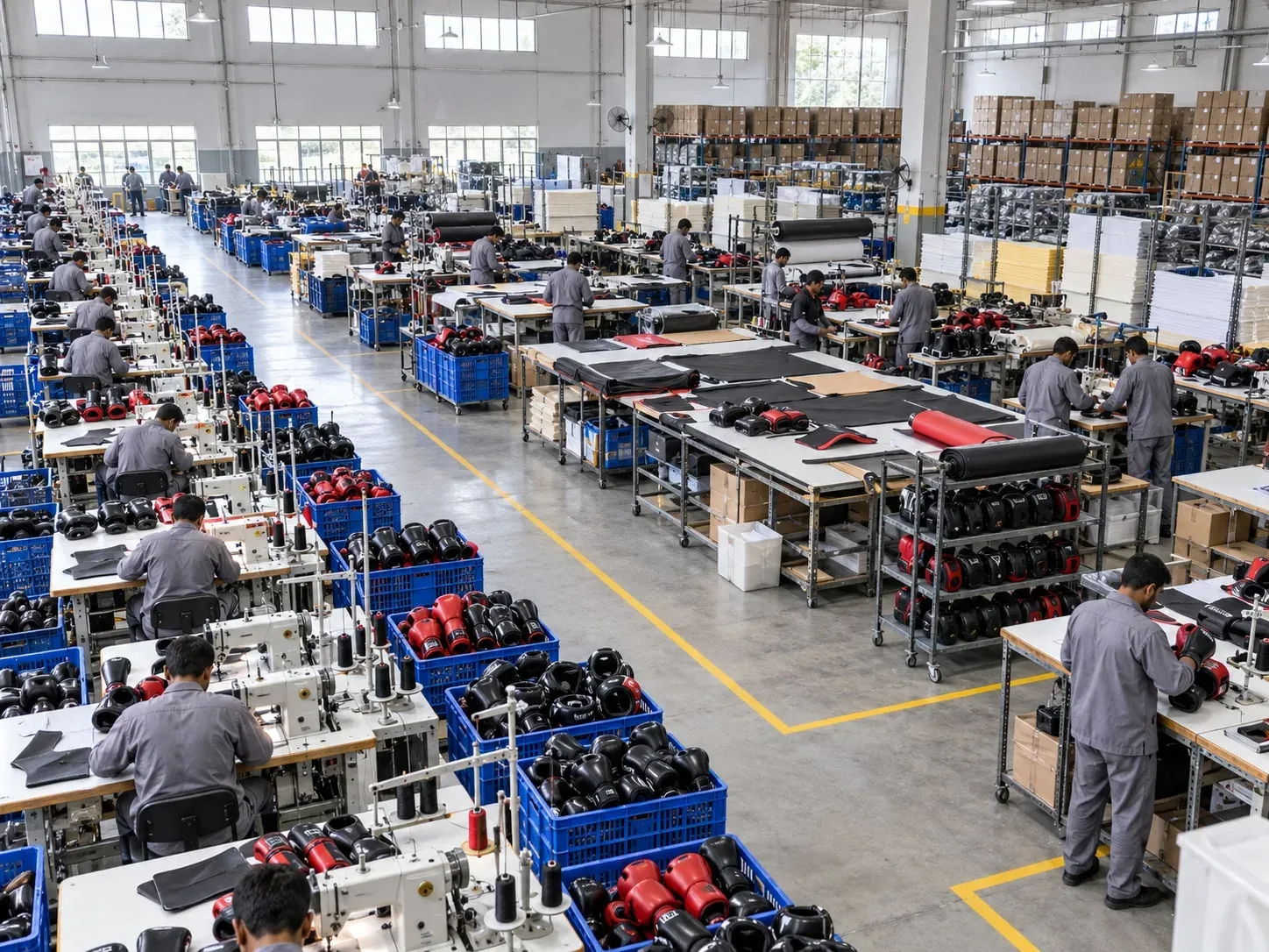 The Sialkot factory floor from above: rows of machinists at sewing machines beside crates of boxing gloves and head guards, cutting tables in the middle and racking of cartons along the far wall.