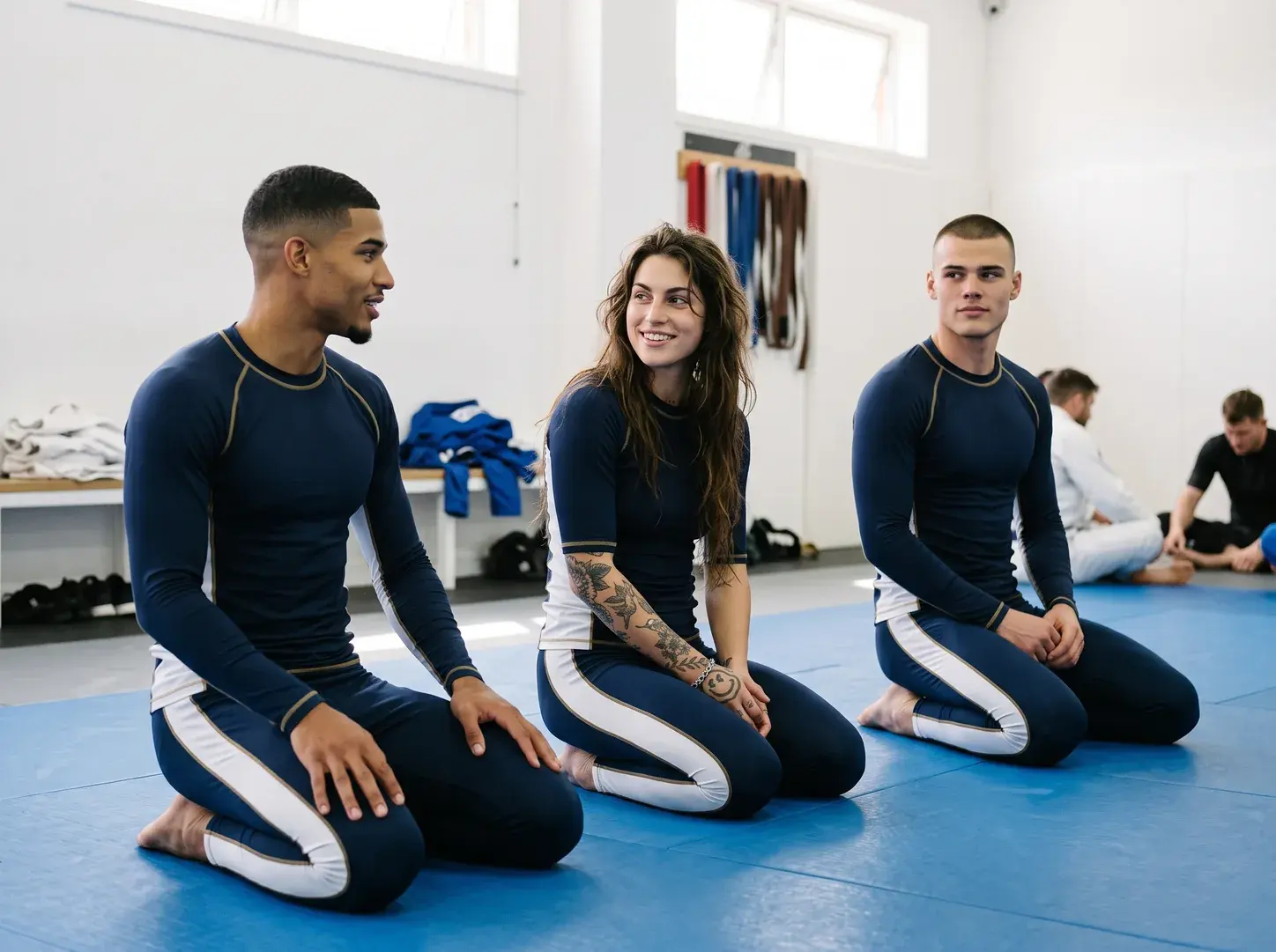 Three BJJ academy members kneeling on blue mats in matching navy rash guards with white side panels and gold stitching, and navy spats with a white stripe.