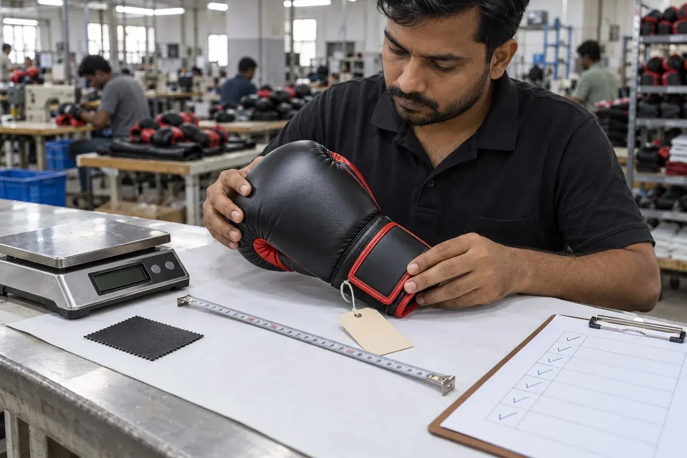 A craftsman checking a red and black sample glove at a bench, with a tape measure, scales and a clipboard.