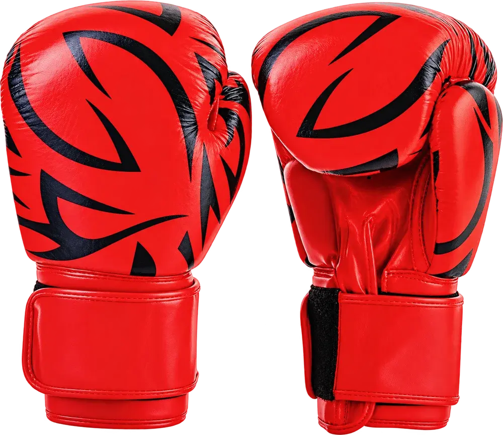 A pair of red boxing gloves printed all over with a black tribal graphic, one showing the back and one the palm, with red hook-and-loop wrist straps.