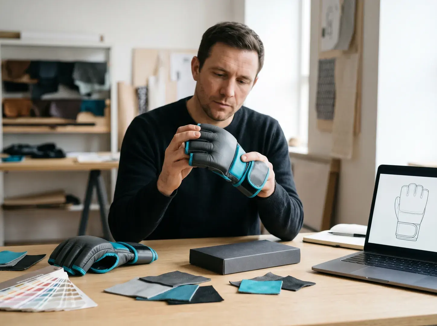 A brand founder flexing a charcoal grey and cyan hybrid MMA glove at a design desk, with the second glove, a slim charcoal box, leather swatches, a colour fan and a laptop showing the glove drawing.