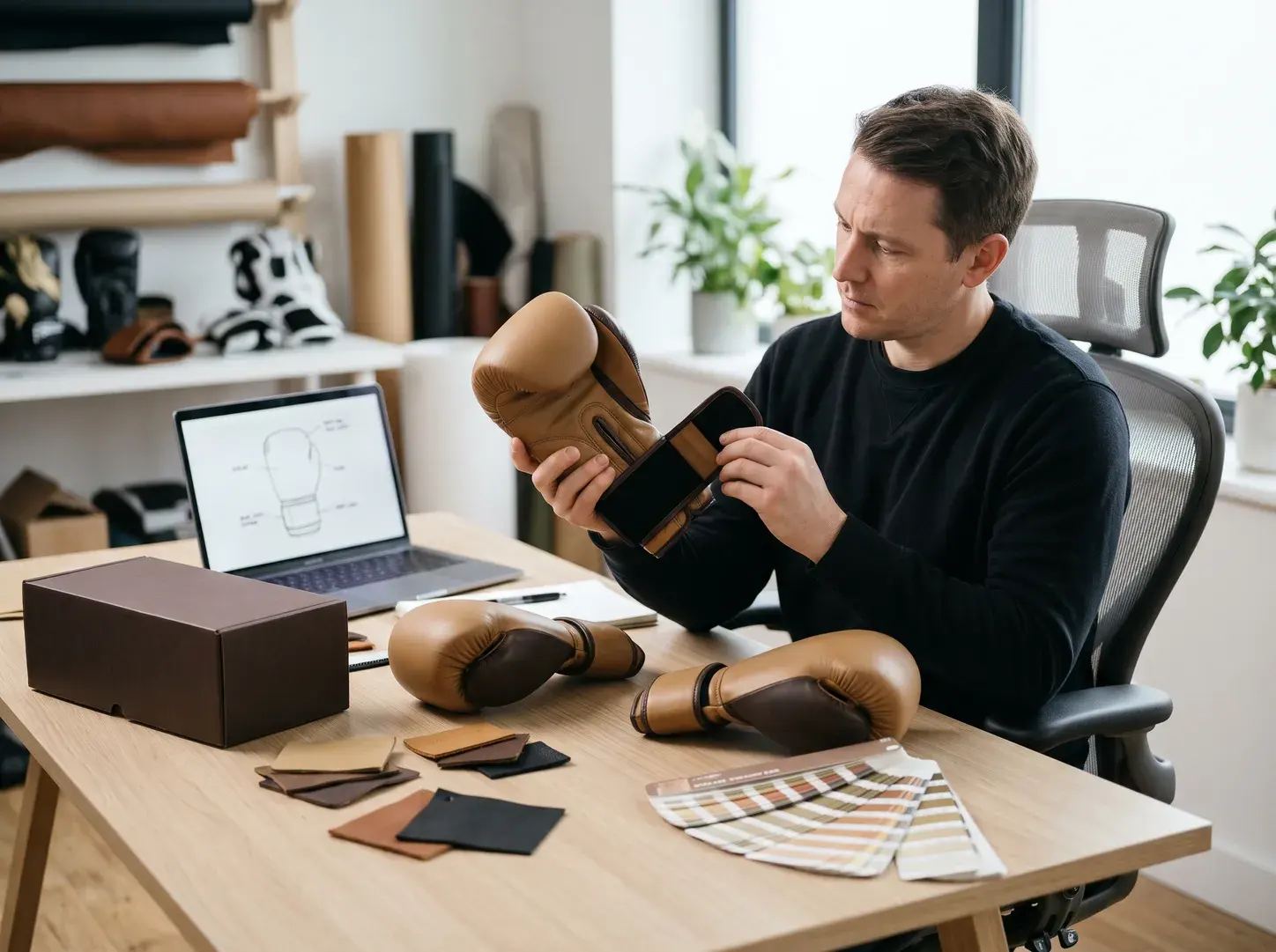 A brand founder checking the wrist strap of a tan and dark brown training glove at a design desk, with the matching gloves, a brown retail box, leather swatches, a colour fan and a laptop showing the glove drawing.