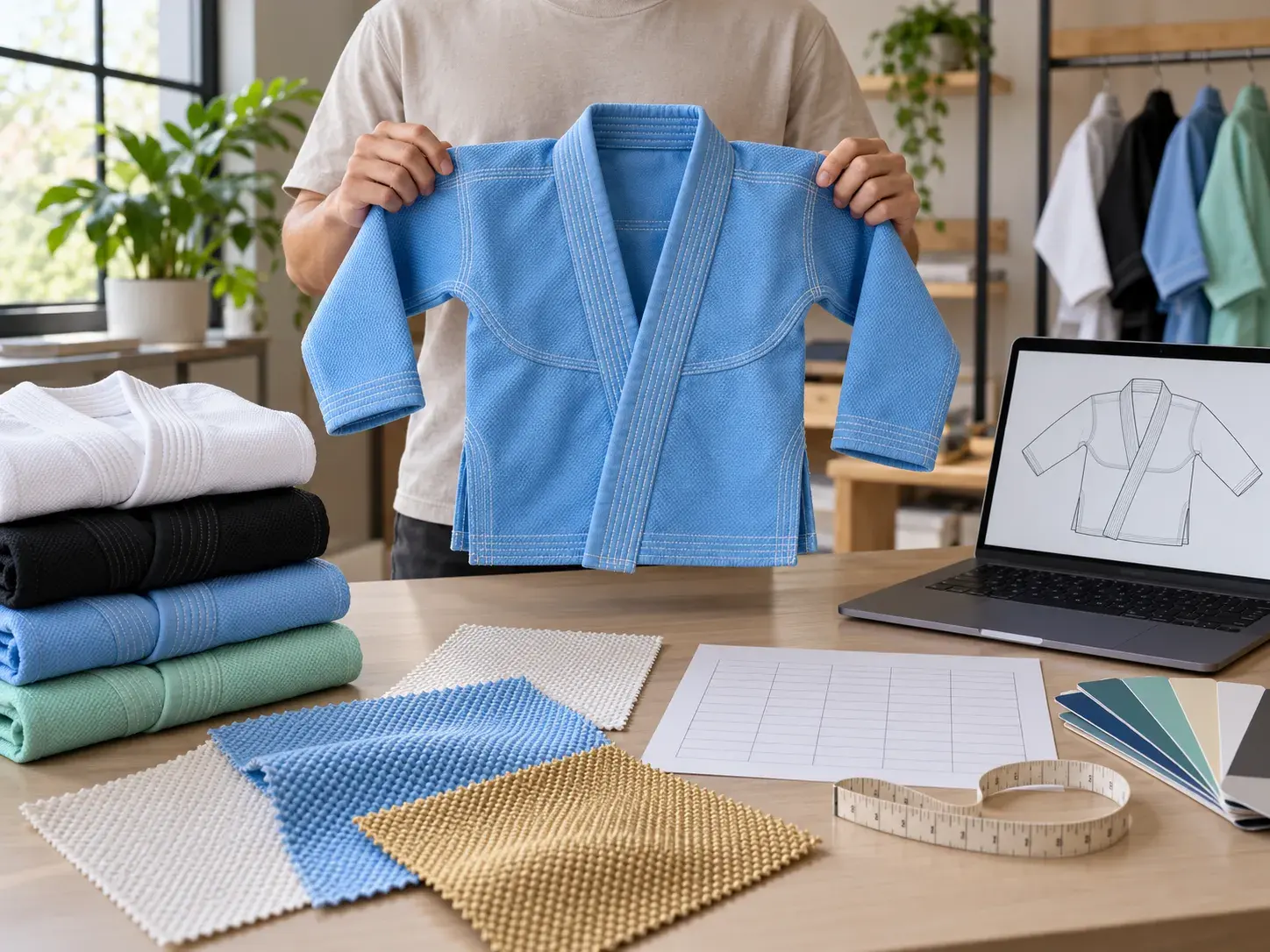 A brand founder holding up a sky blue junior BJJ gi jacket at a desk with the gi folded in white, black, blue and mint, weave swatches, a size chart, a colour fan and a laptop showing the gi drawing.