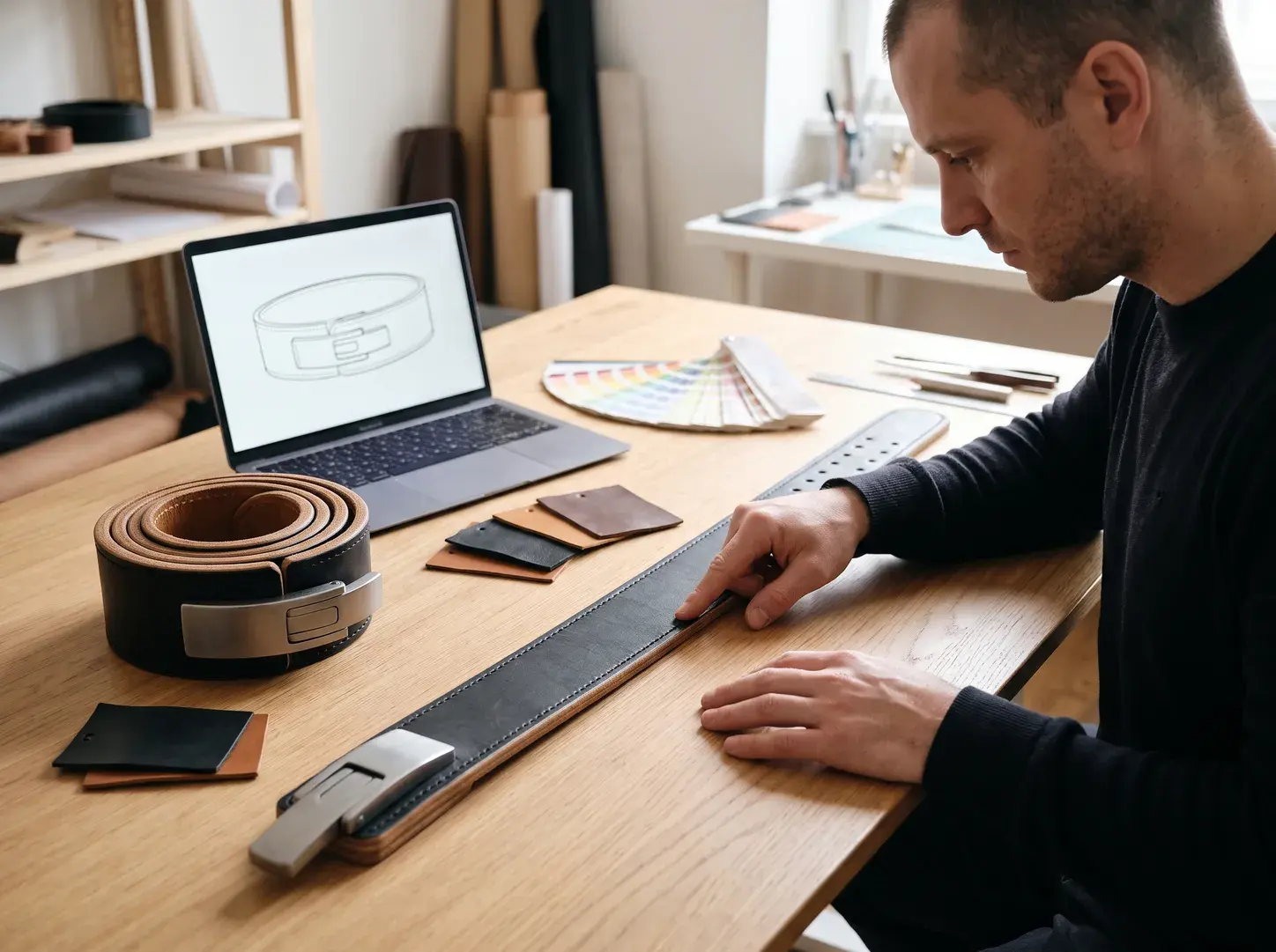 A brand founder running a finger along the stitching of a black and tan leather lever belt laid flat at a design desk, beside a rolled belt with its lever buckle, leather swatches, a colour fan and a laptop showing the belt drawing.