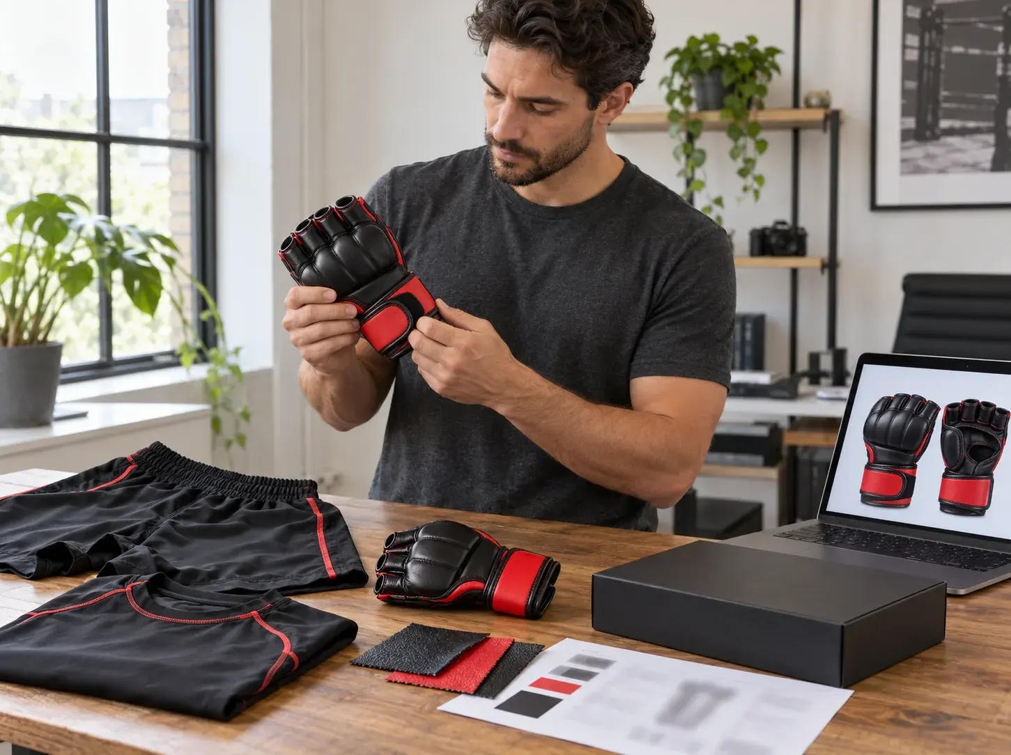 A fightwear brand founder checking a black and red MMA fight glove at a desk laid out with matching fight shorts, a rash guard with red piping, a black retail box, leather swatches and a colour sheet.