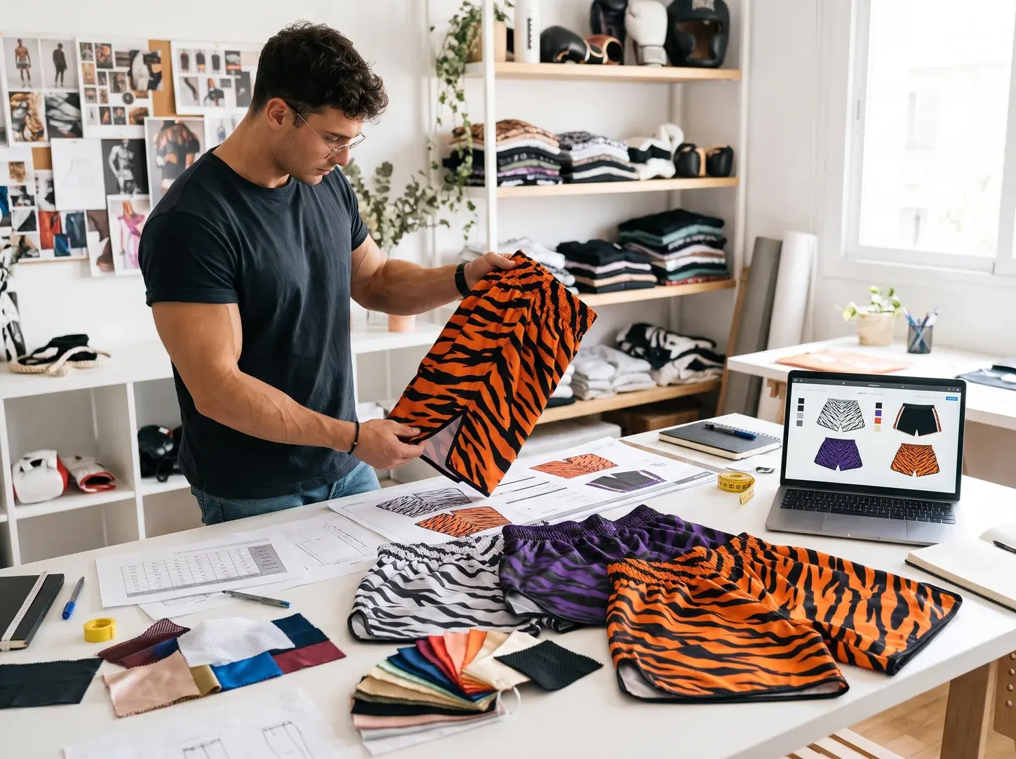 A fightwear brand founder at a design desk holding orange and black tiger-stripe fight shorts, the same design laid out in white and grey and in purple, with fabric swatches, a size chart and a laptop showing the colourways