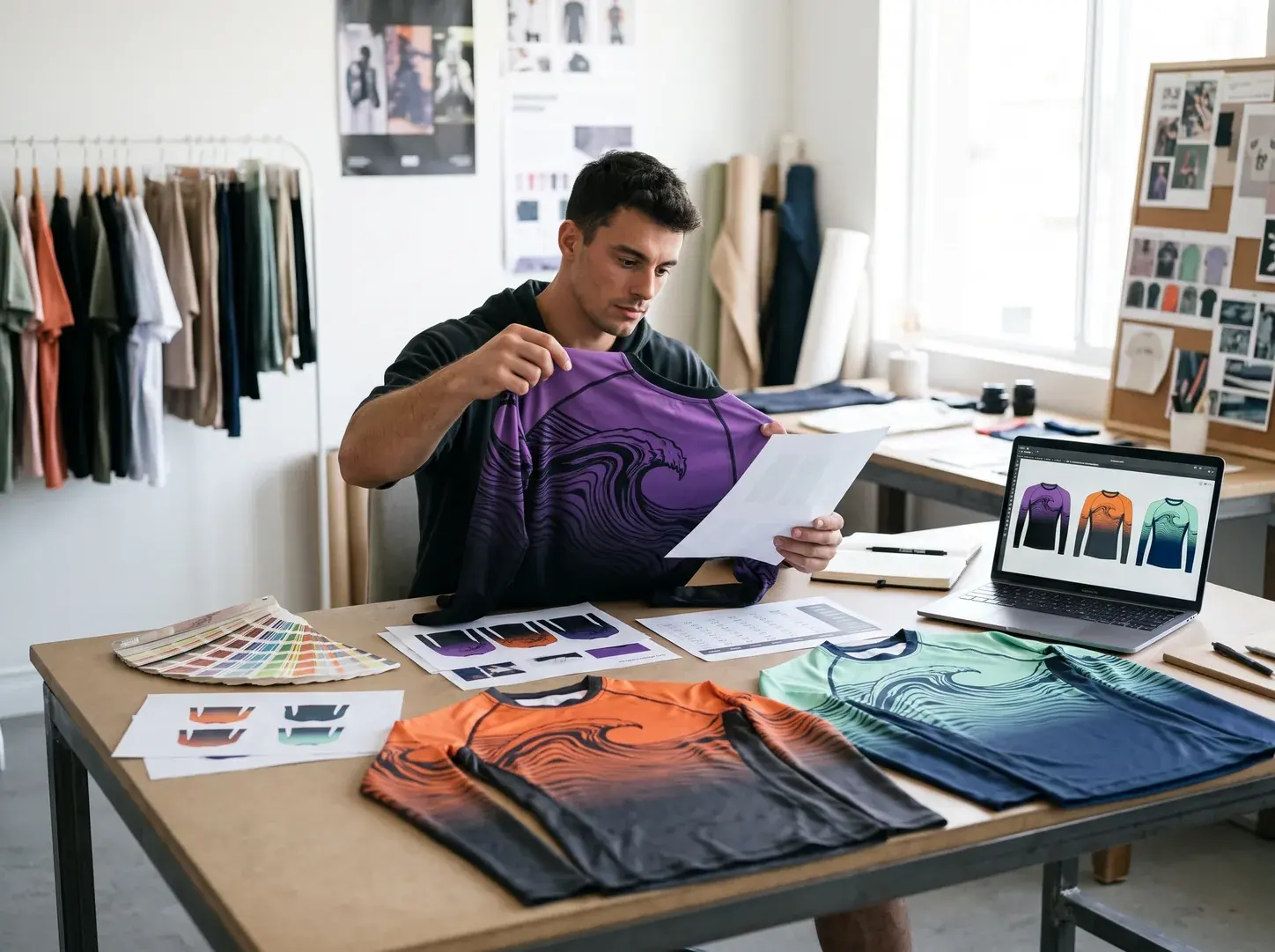 A fightwear brand founder holding a purple and black wave-print rash guard at a design desk, the same design laid out in orange and in mint green, with colour swatches and a laptop showing all three.