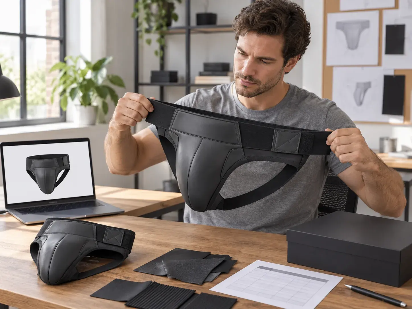 A fight gear brand founder stretching the waistband of a black groin guard, a second guard, swatches, a size chart and a box on the desk.