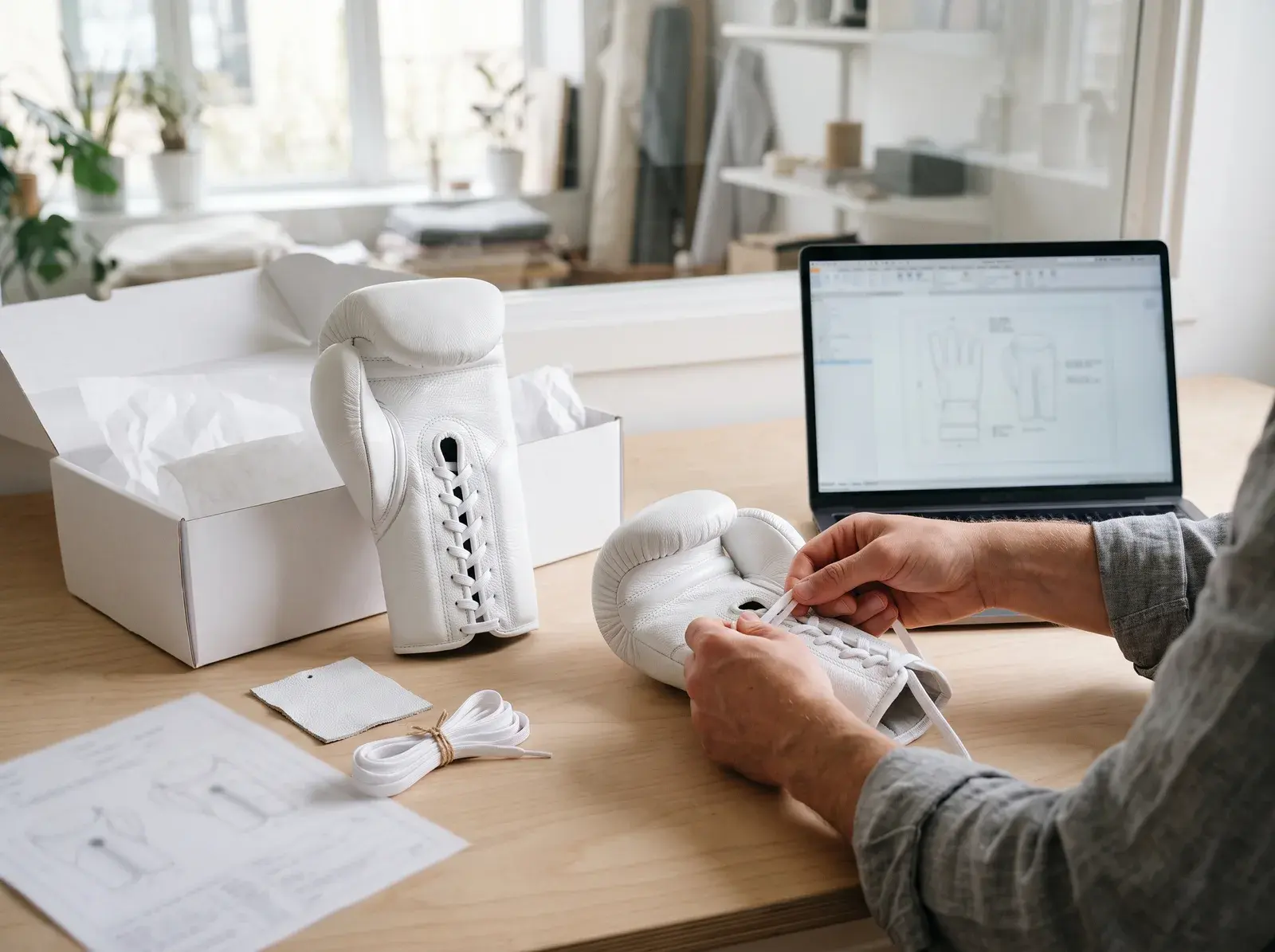 A brand founder lacing a white competition glove at a desk beside an open white retail box, a laptop showing the glove drawing, a coil of white laces and a leather swatch.
