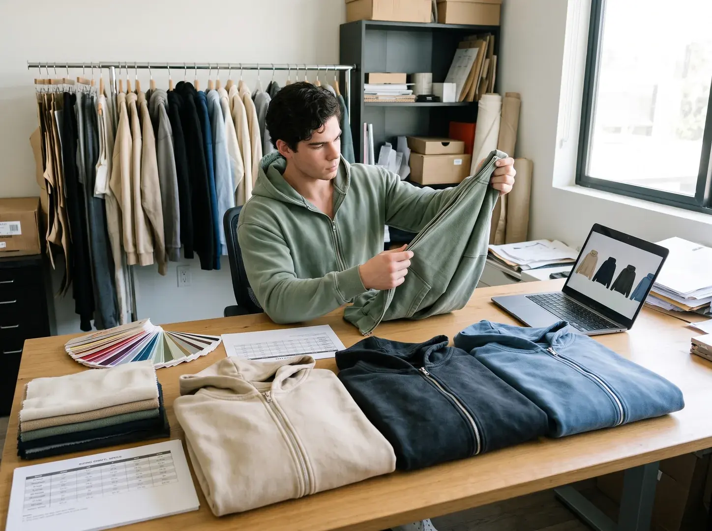 An apparel brand founder checking the zip of a sage green zip hoodie at a desk, the same hoodie laid out in sand, washed black and dusty blue, with fleece samples, colour swatches and a size chart.