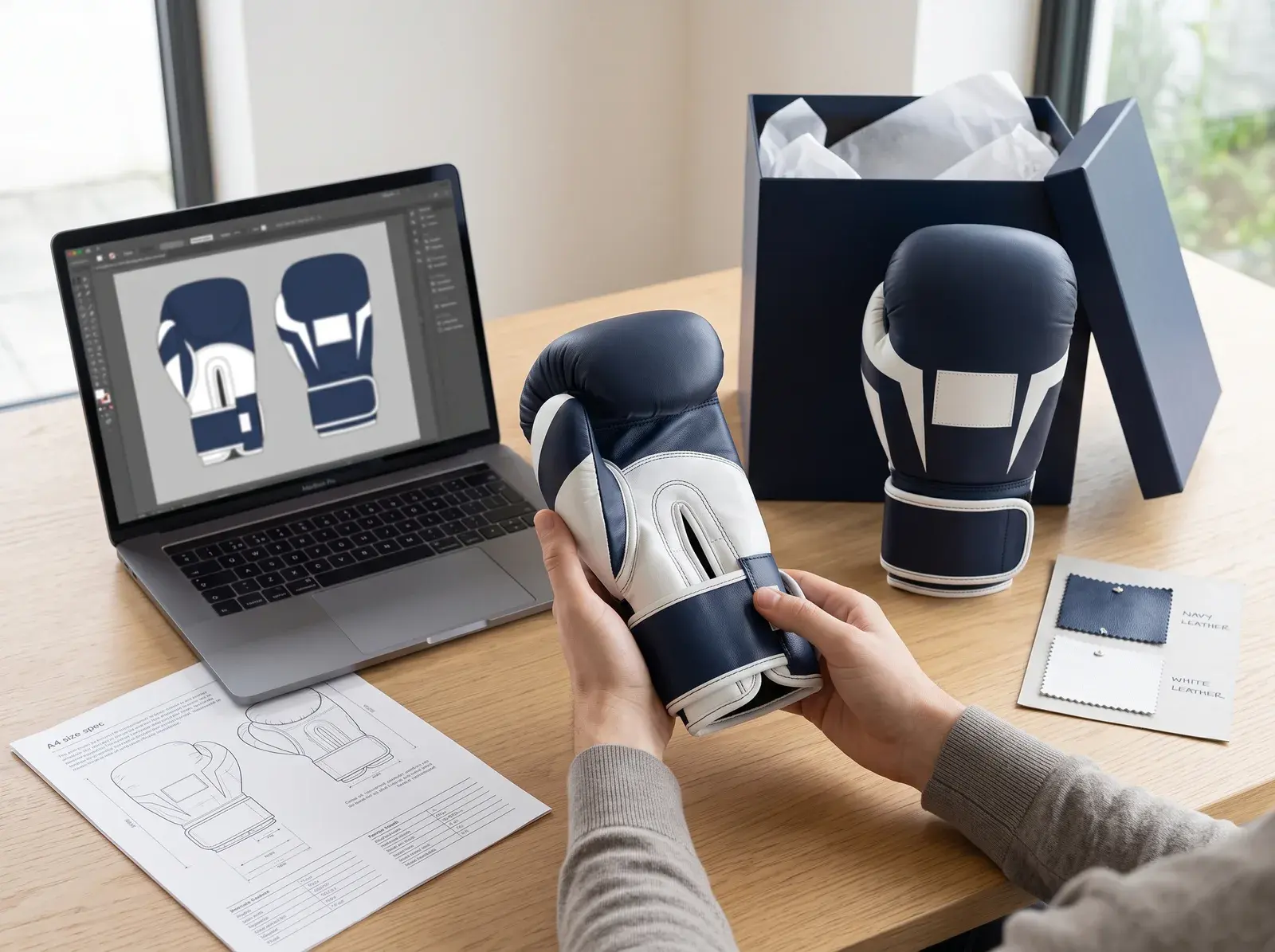 A brand founder inspecting a navy and white sparring glove at a desk beside its retail box, a laptop showing the glove design, a spec sheet and leather swatches.