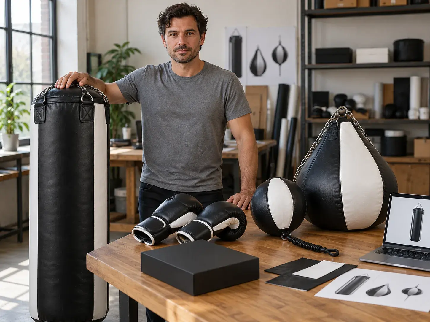 A fight gear brand founder beside a black and white heavy bag, with a teardrop bag, a double-end bag, matching gloves, a box, swatches and sketches on the table.