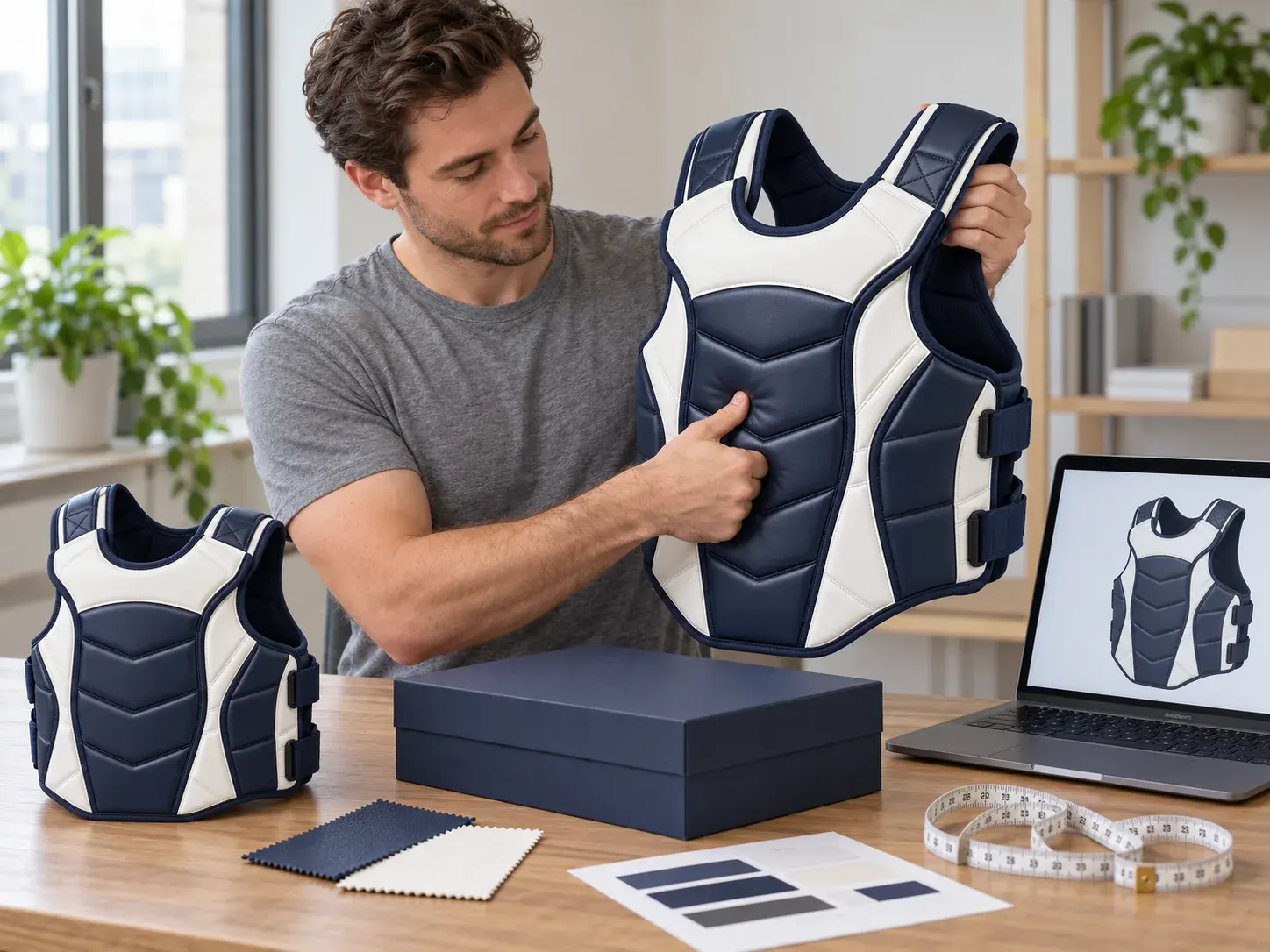A fight gear brand founder pressing the chest padding of a navy and white body protector, a smaller protector of the same design beside a navy box, swatches and a laptop mockup.