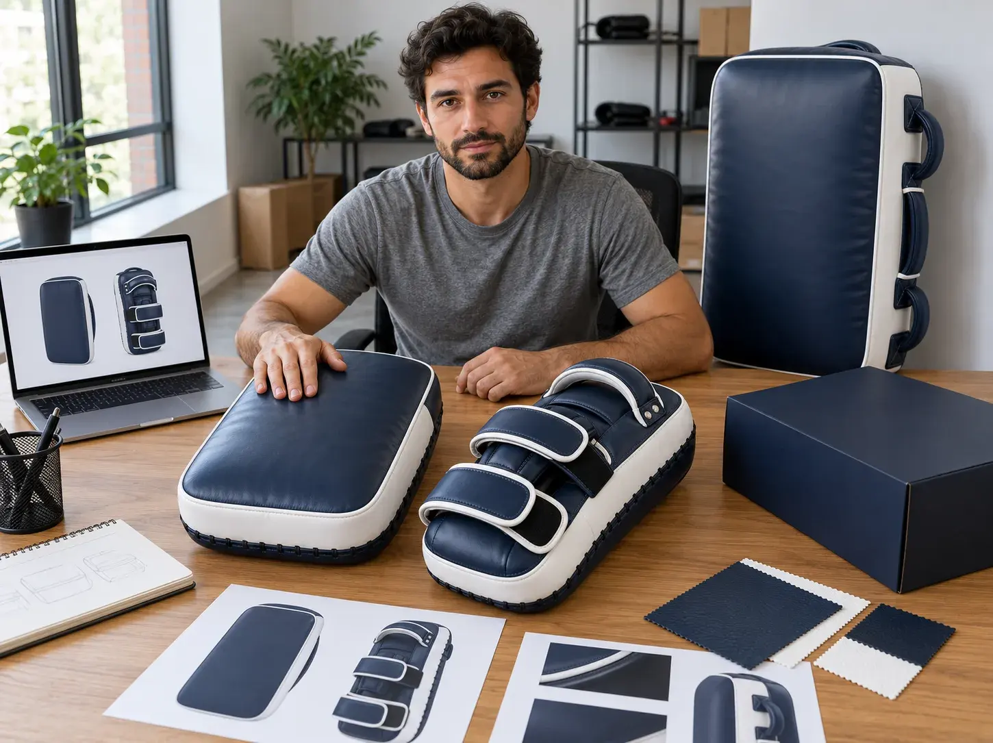 A fight gear brand founder at a desk with a pair of navy and white Thai pads, a kicking shield behind, a laptop mockup, sketches, swatches and a navy box.