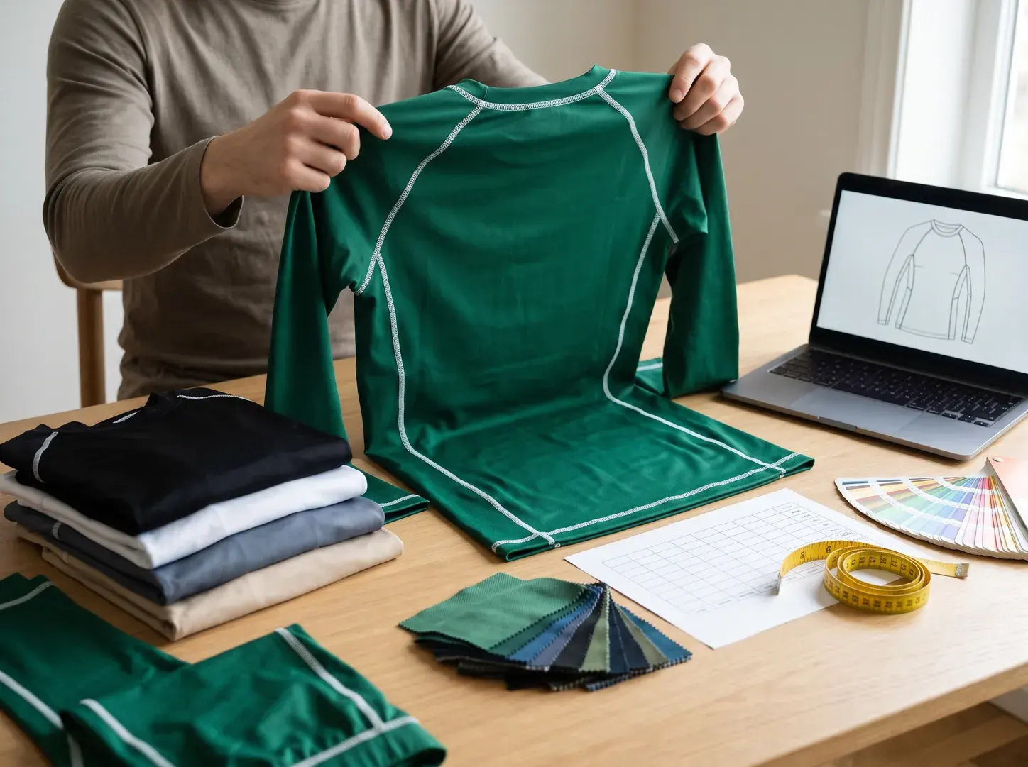 A brand founder holding up an emerald rash guard with white seam lines at a desk with matching spats, folded rash guards in black, white, grey and sand, fabric swatches, a size chart, a colour fan and a laptop showing the drawing.