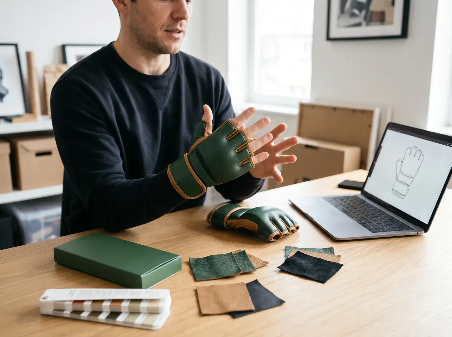 A brand founder wearing a forest green and tan grappling glove at a design desk, spreading the fingers to show the open palm, beside the second glove, a green box, leather swatches, a colour fan and a laptop showing the glove drawing.
