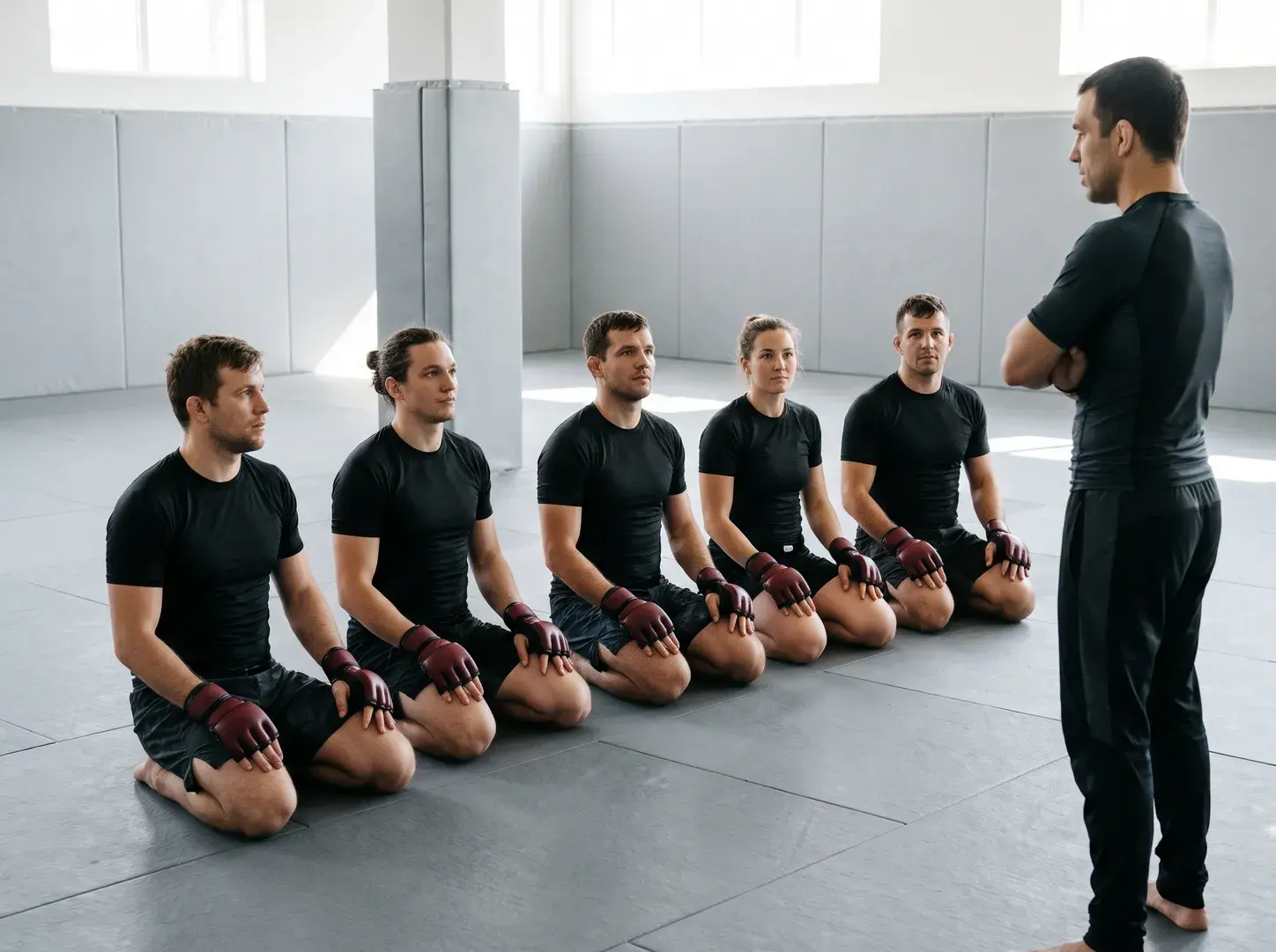 Five members of a grappling class kneeling in a line on grey mats, hands resting on their thighs in matching maroon and black open-palm grappling gloves, listening to their coach.