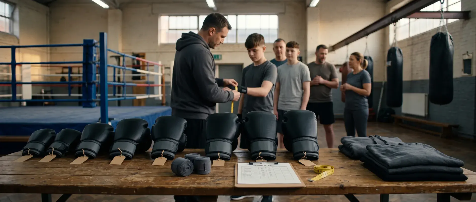 A coach measuring a junior member's hand at a boxing club, beside a bench of plain black gloves lined up from kids' to adult sizes, hand wraps, a sizing sheet and folded club tops, with members waiting in line.