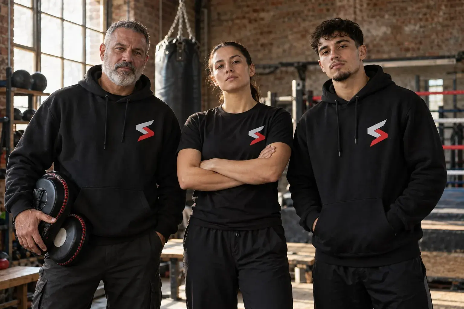Three coaches in a brick-walled boxing gym in black hoodies and a black T-shirt, each with the Sparwright logo printed on the chest, one holding a pair of focus mitts.