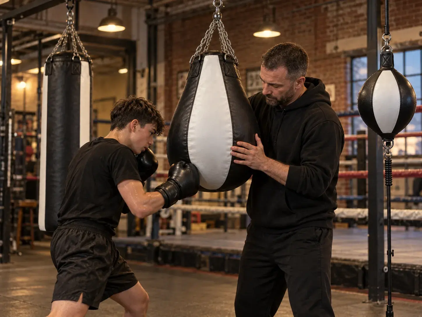 A coach steadying a black and white teardrop angle bag while a young boxer throws an uppercut into it, a heavy bag and a double-end bag behind in a brick-walled club.