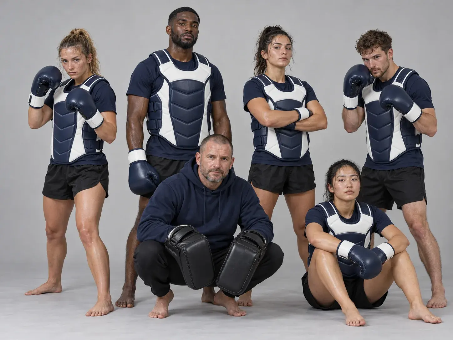 A kickboxing club's sparring group on a light grey studio backdrop in matching navy and white body protectors and navy gloves, a coach crouching in front with Thai pads.