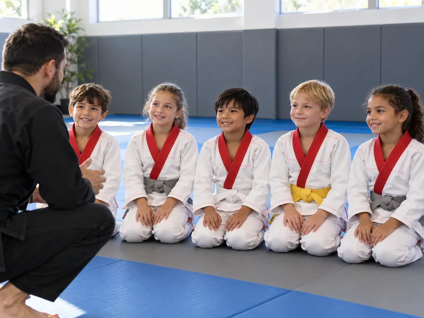 A kids' BJJ class kneeling in a line on blue and grey mats in matching white gis with red collars, listening to their coach.